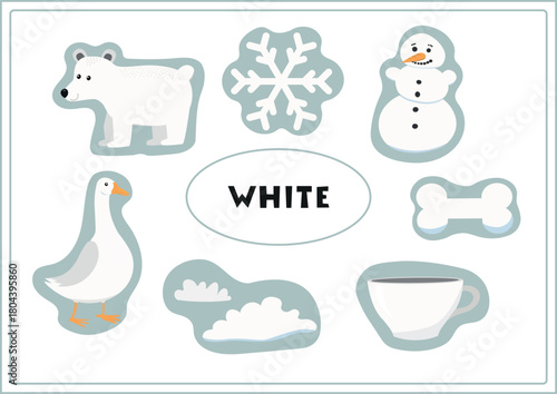 Learn the white color. Education set of one color objects. Vector flat illustration for posters, worksheets and activities for kids.