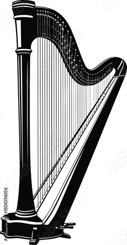 Isolated vector illustration of a black and white concert harp image eps silhouette