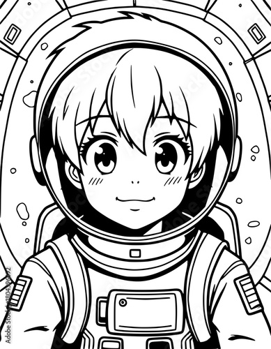 portrait of a boy cosmonaut. anime style. coloring book