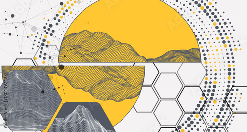 Abstract wireframe background. Modern science or technology art elements. Surface illustration inside circles