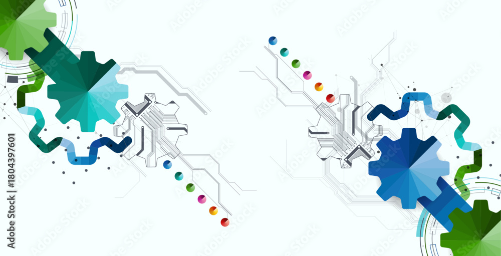 Fototapeta premium Stylized view of gears integrated with microcircuits. Concept of combining mechanics and electronics.