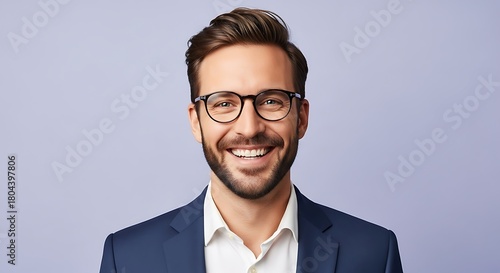 Smiling confident businessman portrait with glasses and stylish hair cut