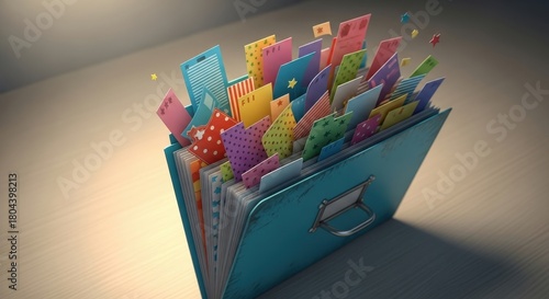 Vibrant file folder overflowing with creatively designed and colorful papers in organized manner