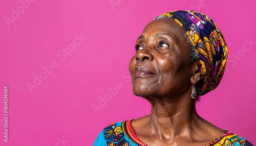 Elderly Woman in Colorful Headwrap Against Bright Pink Background
