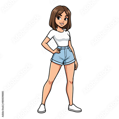 Cute Girl with Bob Haircut in White Crop Top & Denim Shorts Fashion Cartoon Vector