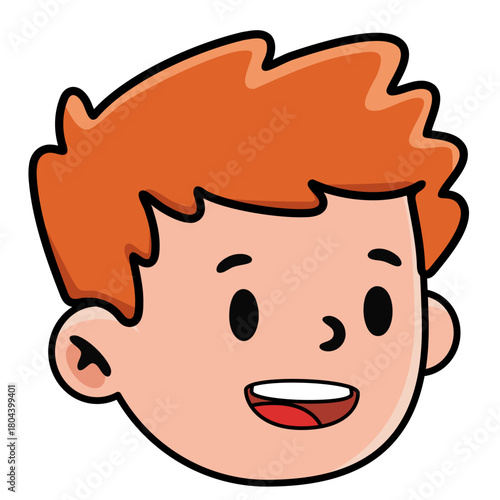 head of a happy child with red hair. Young kid smiling face illustration for children's books and education.