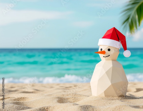 Sandy snowman enjoying the beach A cheerful paper sculpture with a Santa hat on a tropical shore