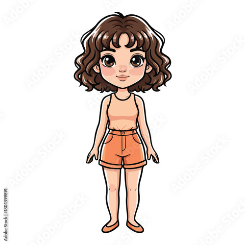 Cute Curly Hair Girl in Orange Crop Top and Shorts Summer Fashion Cartoon Vector Illustration