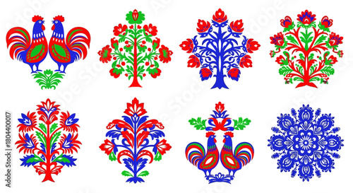 Vibrant Folk Art Polish Wycinanki Cutout Vector Set Stylized Rooster and Floral Lace Motifs