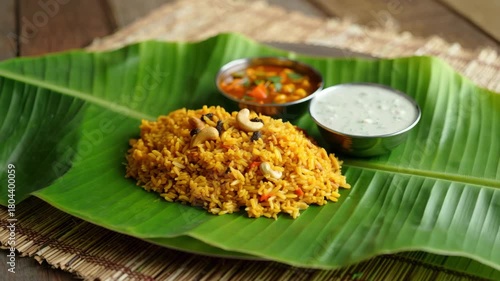 Pongal special turmeric rice with cashew served on banana leaf, traditional South Indian meal with curry and curd, festive harvest food on rustic background