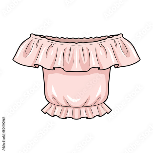 Cute Pink Ruffled Off-Shoulder Crop Top Girls Summer Fashion Cartoon Vector Illustration Clipart