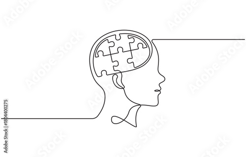 Human head with puzzle inside continuous line drawing, Mental order concept, Vector illustration.