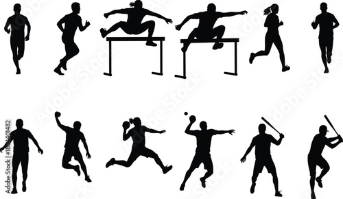Silhouette athletes in motion showcasing diverse sports actions like running, jumping, throwing, and baseball for fitness and competition themes.