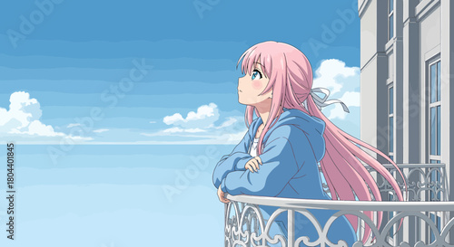 Pensive Young Woman Gazing at The Sky On A Balcony