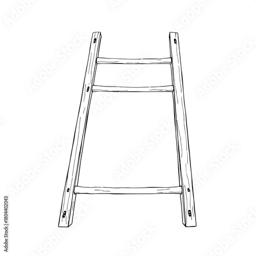 A stark, detail-driven line drawing of a wooden foldable ladder in an open position, centered in frame, outlined in bold black ink with precise geometric lines and no shading or textures, featuring ru