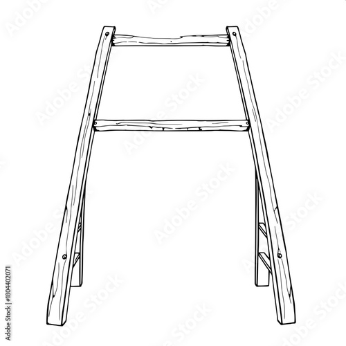 A stark, detail-driven line drawing of a wooden foldable ladder in an open position, centered in frame, outlined in bold black ink with precise geometric lines and no shading or textures, featuring ru