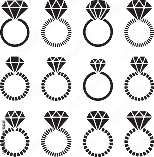 Diamond ring icon set, engagement, solitaire, wedding band, gemstone, luxury jewelry