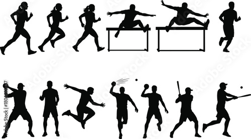 Silhouette athletes performing various sports actions including running, jumping, throwing, and team games for fitness, training, and competition themes.