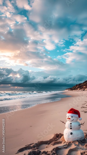 A festive sandy snowman with a Santa hat on a beautiful beach, representing a unique tropical Christmas holiday celebration concept