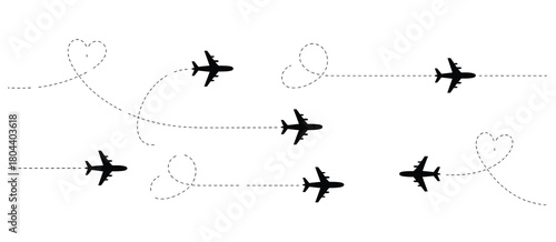 Airplane route vector set with dotted flight paths including curved, twisted, straight, and heart-shaped dashed lines — perfect for travel graphics, maps, dashboards, and aviation-themed designs.