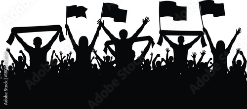 Silhouette crowd of enthusiastic supporters waving flags and lifting scarves during energetic celebration event, creating a dynamic festive atmosphere in vector illustration