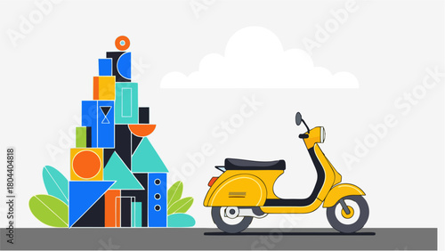 Retro Yellow Scooter Next to a Playful Stack of Colorful Geometric Shapes
