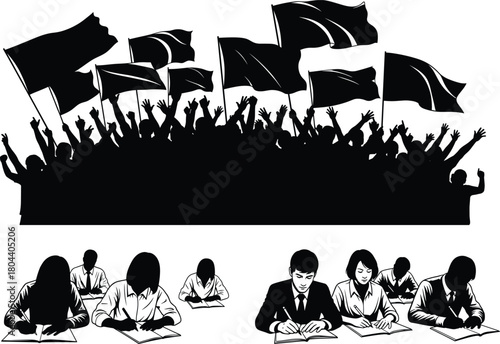 Silhouette crowd protesting with flags above students writing at desks, symbolizing activism, education, civic engagement, unity, and public awareness