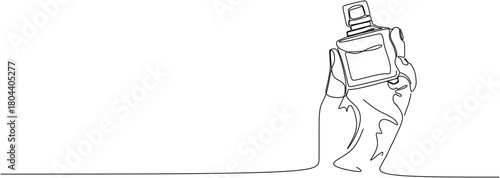Continuous line drawing.  Female hand showing glass bottle with perfume. Vector illustration