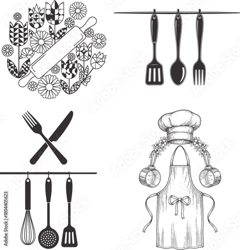 Vintage floral kitchen utensil and coffee illustration set with hanging cooking tools pizza oven floral frame coffee maker steaming cup botanical decorative line art vector for restaurant cafe bakery 