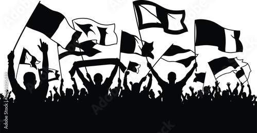 Silhouette crowd waving flags and banners in protest or celebration, energetic people united in public rally, activism, unity, and emotion