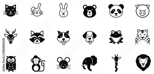 Animal face icons set, cute wild and domestic pet heads, black silhouette vector logo symbols collection, zoo creature illustration