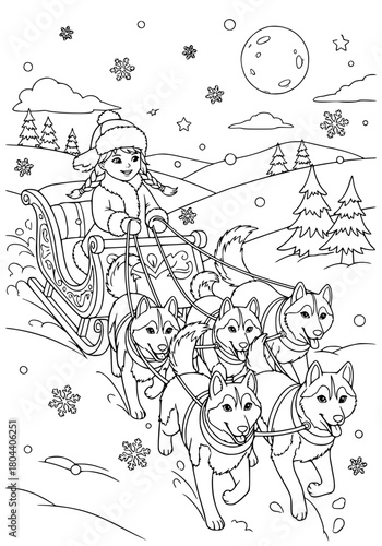 A girl rides in the snow on a sled pulled by husky dogs. coloring book