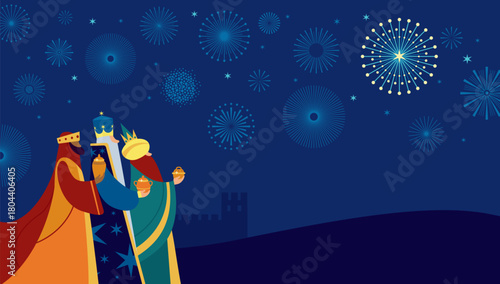 Three Wise Men Melchior, Balthazar and Gaspar Following the Star. Los Reyes Magos.