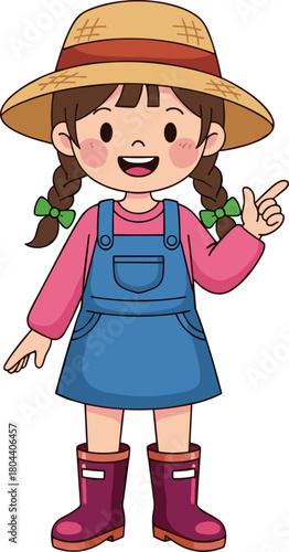 Cute cartoon farmer girl pointing finger, wearing straw hat and overalls, happy little gardener character vector illustration