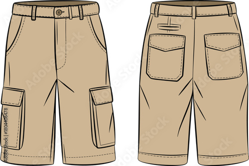 Men beige cargo shorts technical sketch, khaki bermuda pants with large pockets, front back view, fashion cad drawing flat vector illustration.
