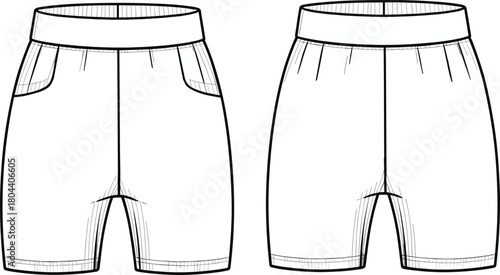 Women cycling biker shorts technical sketch, tight yoga pants with pockets, front back view, fashion cad drawing flat vector illustration.