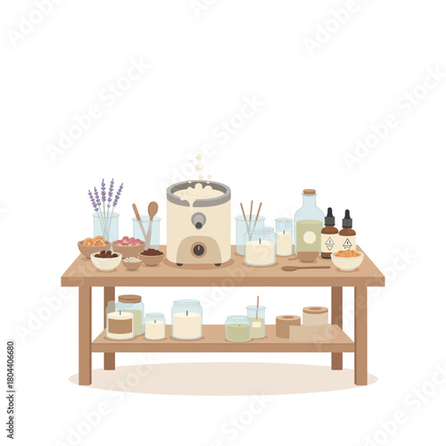 Artisan Candle-Making Workspace – Minimal Flat Vector Illustration on White Background
