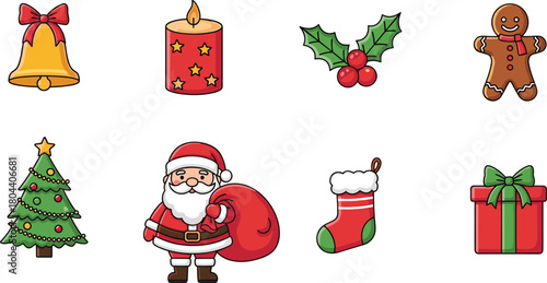 Cute Christmas cartoon icons set, Santa Claus, tree, gift, gingerbread and holiday decoration symbols vector illustration collection