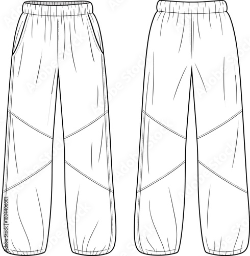 Paneled joggers pants technical sketch, loose sweatpants with elastic waist, fashion cad drawing flat vector illustration template, front back view.