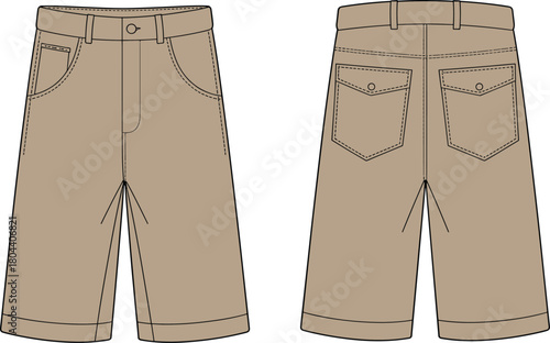 Men beige shorts technical sketch, khaki bermuda pants with flap pockets, fashion cad drawing flat vector illustration template, front back view.