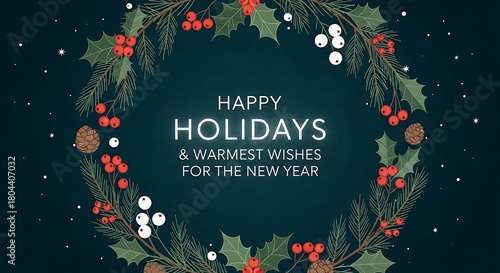 Happy holidays wreath with pine cones and berries wishing new year