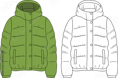 Men or women winter puffer jacket technical sketch, green and outline coat mockup, fashion cad drawing flat vector illustration template.