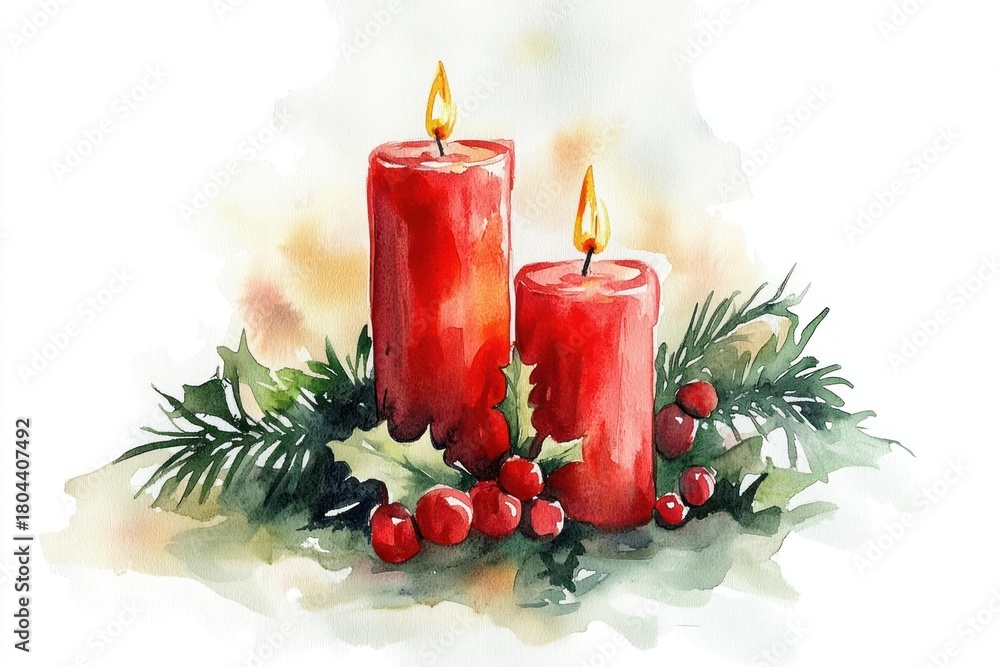 Obraz premium Festive red candle watercolor illustration