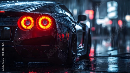 Wallpaper Mural Rear view of a dark sports car with glowing red taillights on a wet city street at night Torontodigital.ca