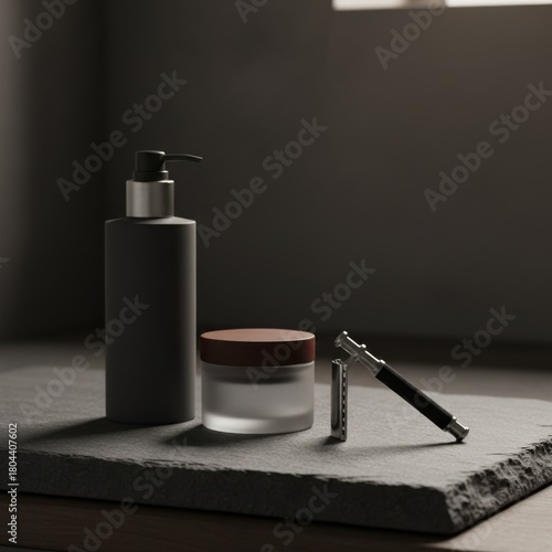 Wallpaper Mural A sleek, matte black skincare bottle and razor on a dark slate surface. Minimalist, moody product photography with dramatic lighting for men's grooming. Torontodigital.ca