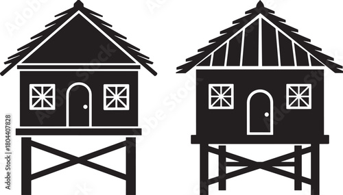Two identical stilt houses in a black silhouette