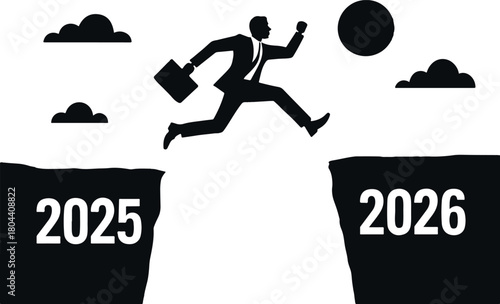 Businessman silhouette leaps over a chasm from 2025 to 2026, representing transition, progress, and future achievements.