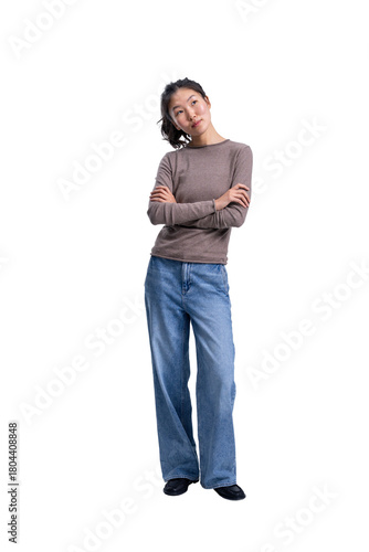 Asian woman standing with arms crossed, casual outfit, isolated on white background, useful for transparent template or layout design concepts