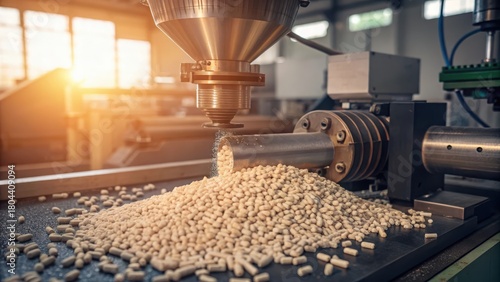 Bio plastic pellets being extruded from machine closeup view