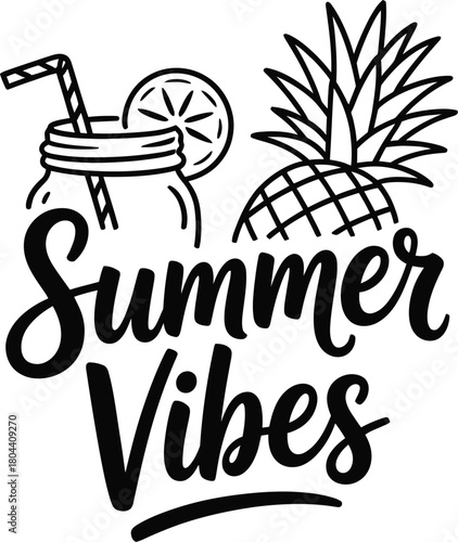 "Summer Vibes" Tropical Quote Typography with Partial Pineapple Silhouette Vector Illustration
